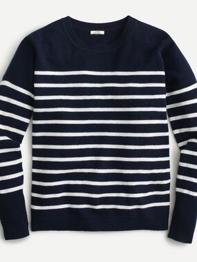 J. Crew Navy and White Striped Crewneck Sweater 100% Cashmere